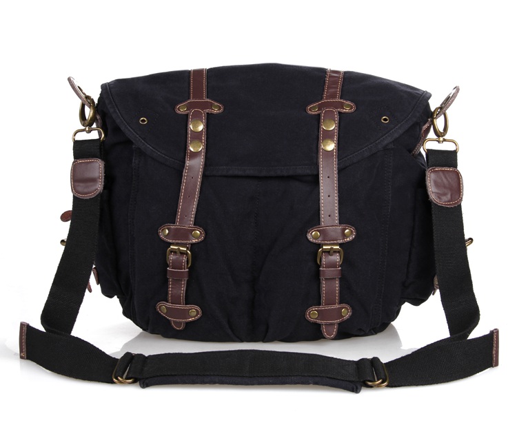 9006A Newest Casual Canvas And Leather Travel Shoulder Bag Hiking Black Color