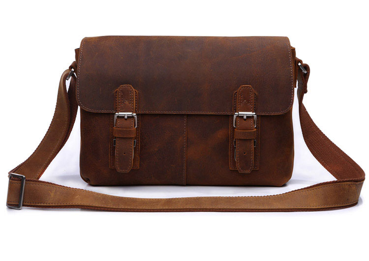6002B-1 Crazy Horse Leather Men's Brown Shoulder Messenger Bag Crossbody Purse Hot Sell