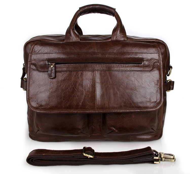 7085C Durable Genuine Cow Leather Men's Briefcase Laptop Handbag Messenger Bag Coffee