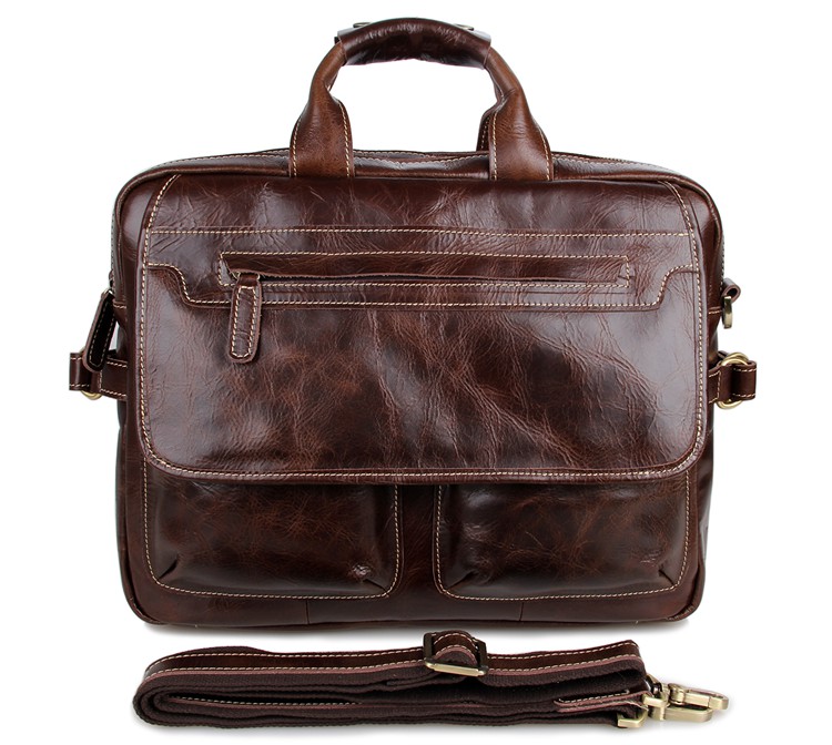 7085C-1 Durable Genuine Oil Tanned Leather Men's Briefcase Laptop Bag Double Handles Handbag