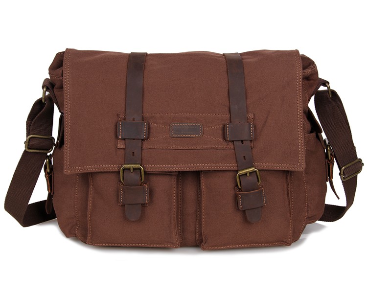 9005C Leather Trimming 16Oz Canvas Travel Bookbag Messenger Bag for Men