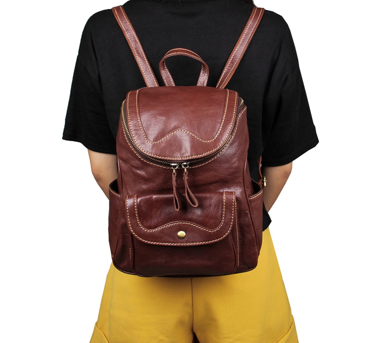 7303B New Designs Vintage Genuine Leather Brown Small Backpack for Girls Daily Rucksack