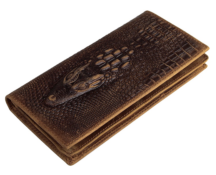 8030C Vintage Crazy Horse Leather Crocodile Pattern Long Wallet Brown Color For Men