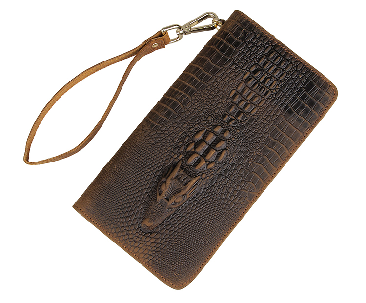 8068R Vintage Carzy Horse Leather Wallet Crocodile Pattern Men Clutch Bag Brown 