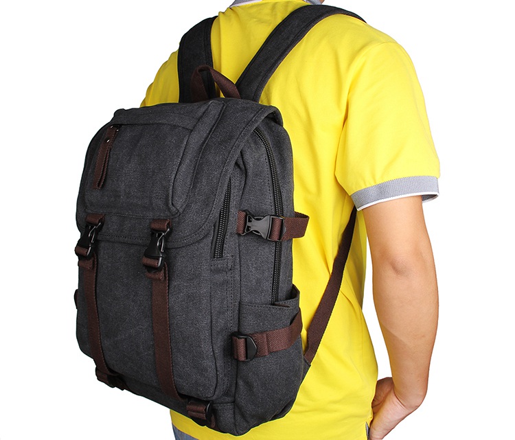 9023A Black Canvas Rucksack Bookbag Hiking Backpack