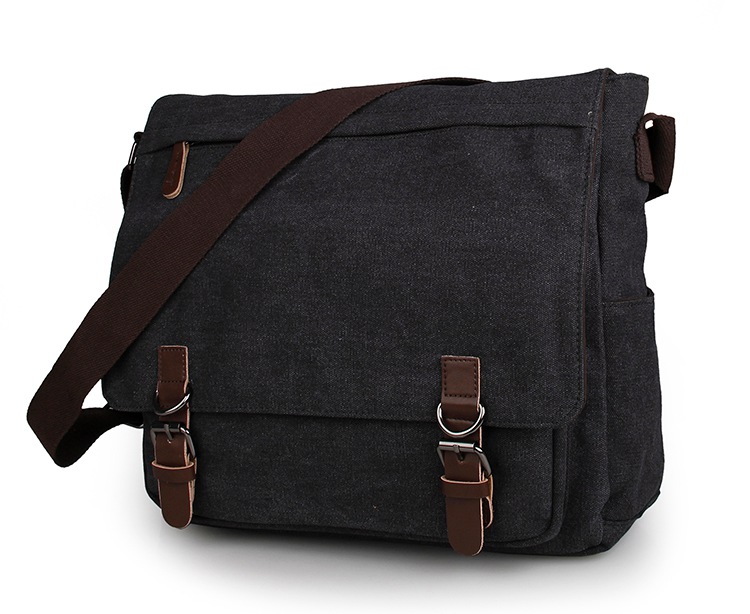9027A Black Excellent Quality Leather Trimming 16Oz Canvas Travel Bookbag Should Bag for Men
