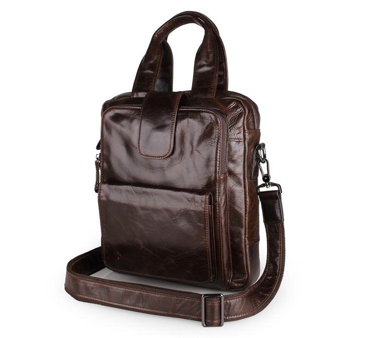 7266C Coffee Genuine Cow Leather Men's Handbag Small Messenger Bag for Ipad