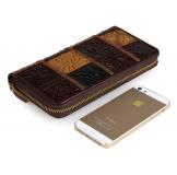 8091-2C Coffee+Brown+Black Vintage Genuine Cow Leather Square Pattern Zipper Wallet Handmade Supplier