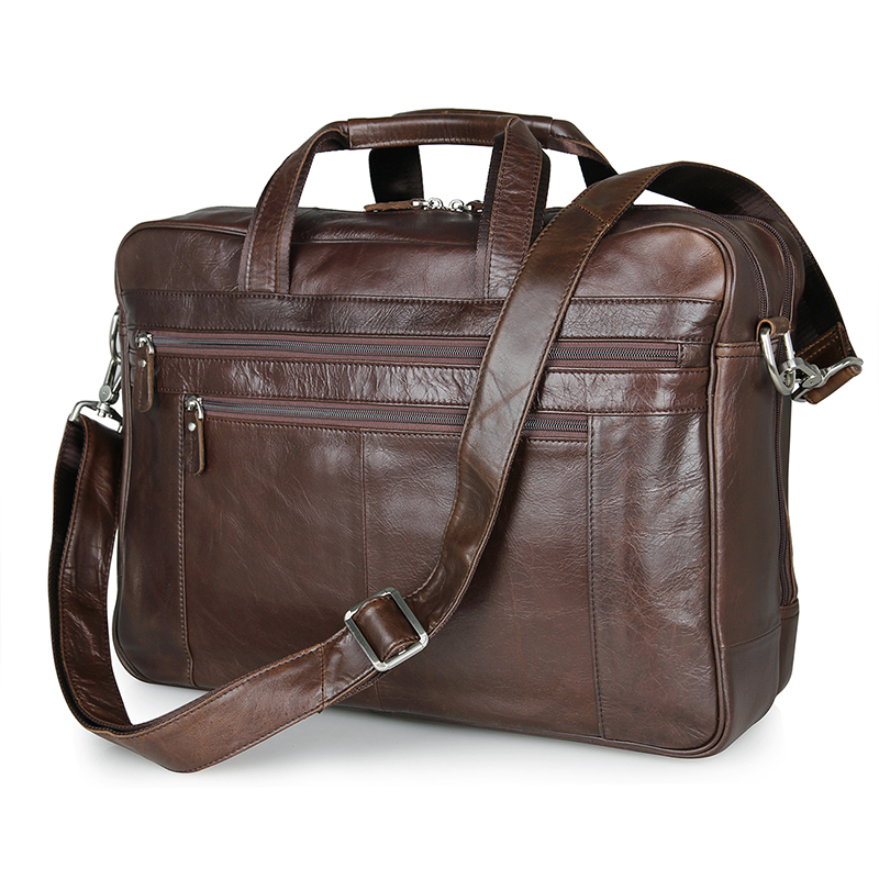 7319C Coffee Genuine Cow Leather Mens Laptop Bag Business Travel Bag