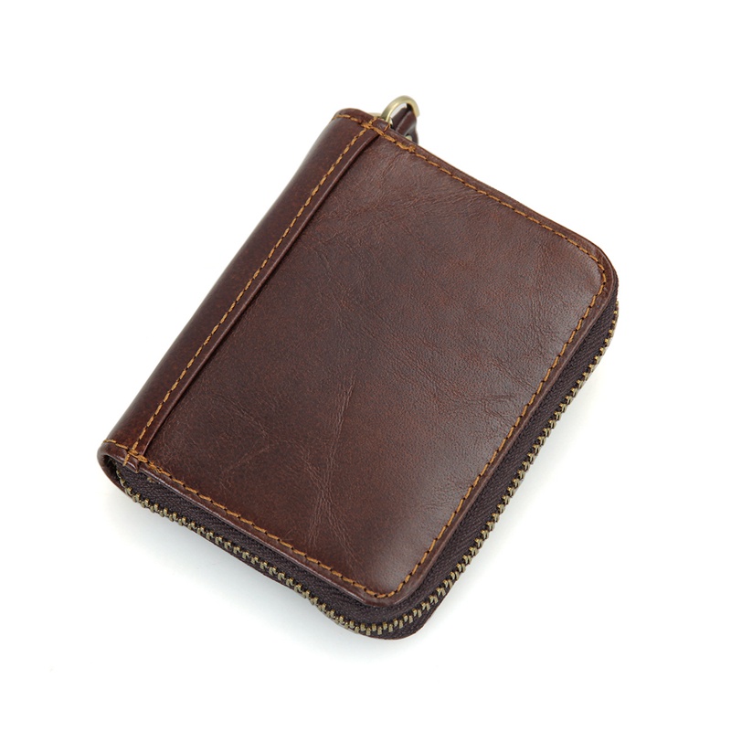 R-8117Q 100% Cowhide Leather Zipper Around Wallet Coffee Card Holder 