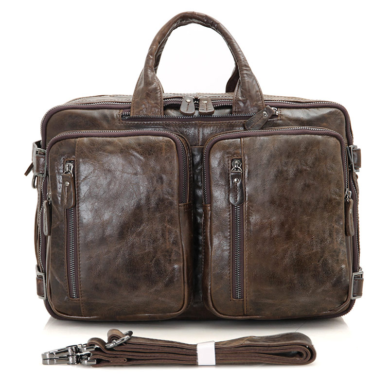 7014C-1 Coffee Vintage Leather Men's Briefcase Backpack Laptop Bag 