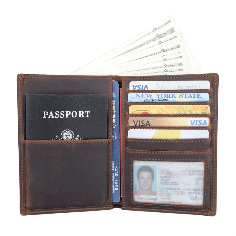R-8457R Crazy Horse Leather Wallet RFID Card Holder Passport Wallet