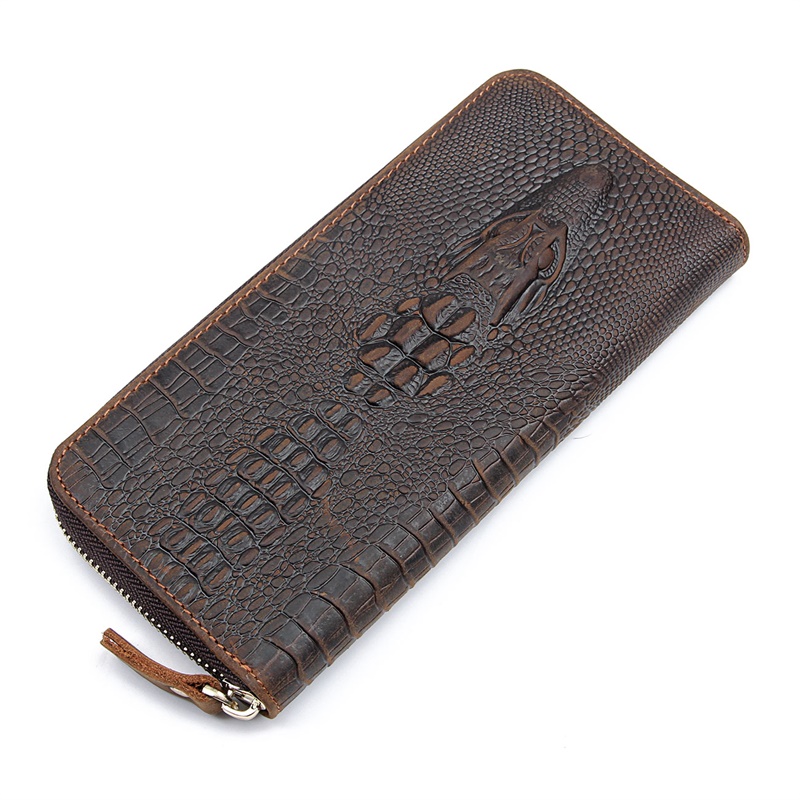 8067R Crocodile Pattern Crazy Horse Leather Zippered Clutch Bag Card Holder Brown