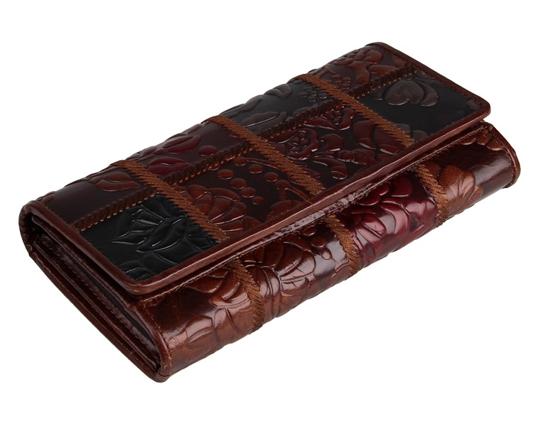 8094-2C Coffee+Brown+Black Vintage Genuine Cow Leather Square Flowery Women Money Holder